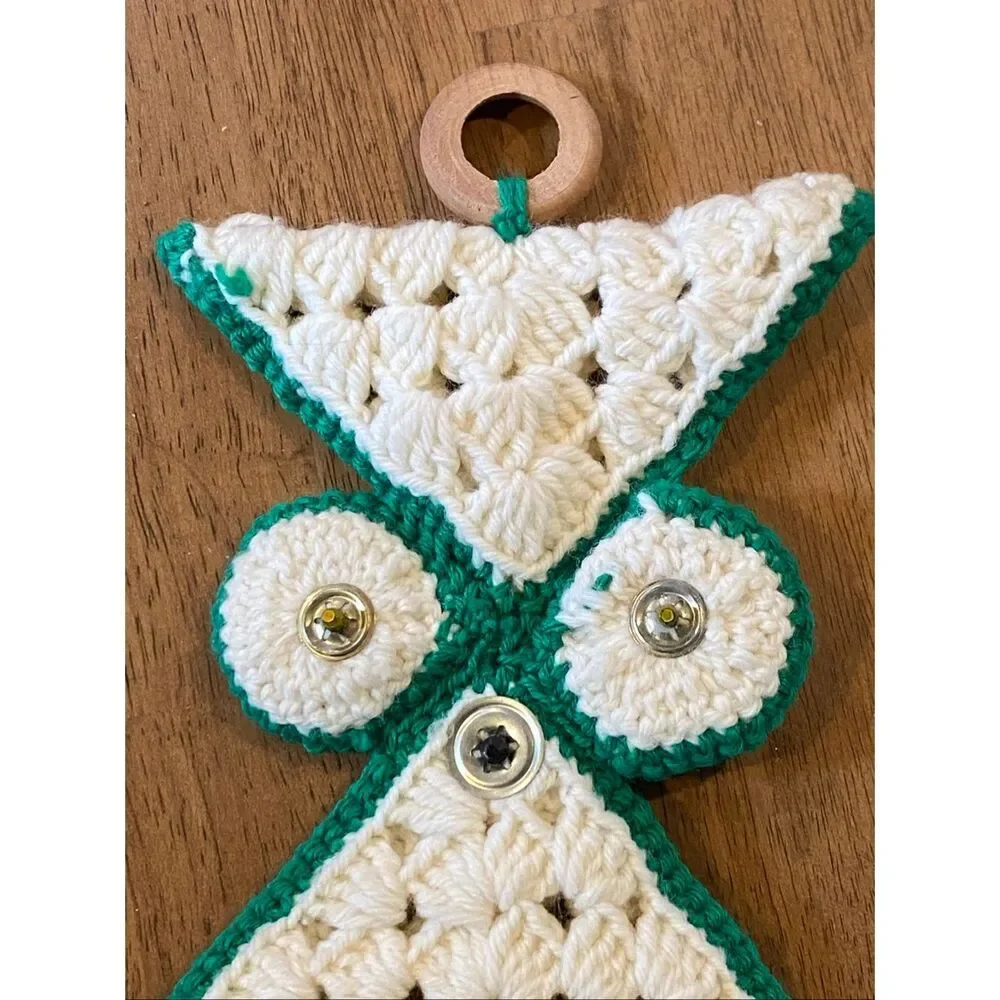 Vintage Crochet Owl Towel Holder Ring Hanging 70s Kitchen Kitsch Retro